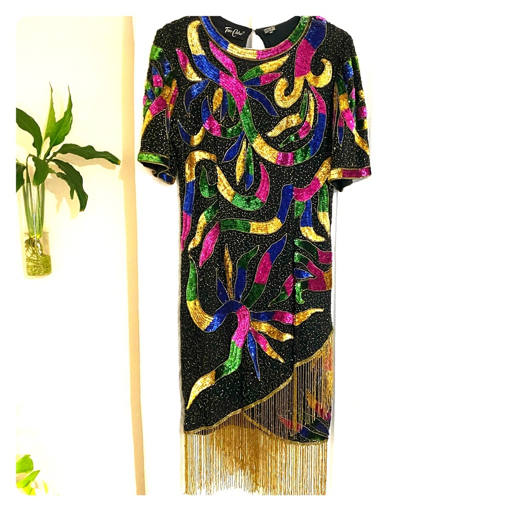 SALE! Vintage Tan-Chho Silk Sequin Beaded Tassel Dress Size M